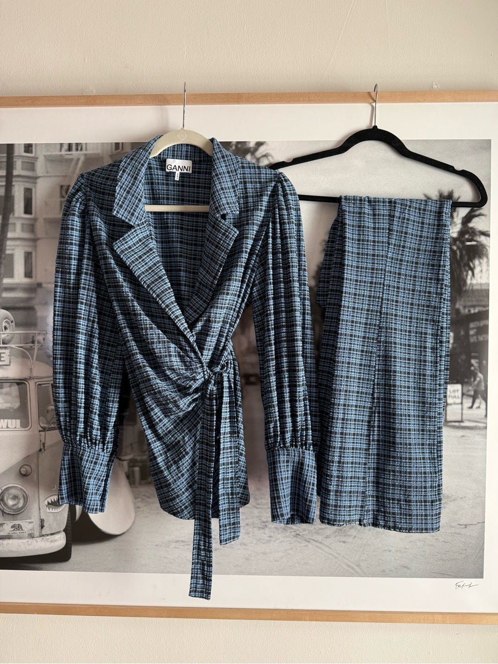 GANNI Mini Check Granada Sky Stretch Seersucker Wrap Top & Flared Pant Set